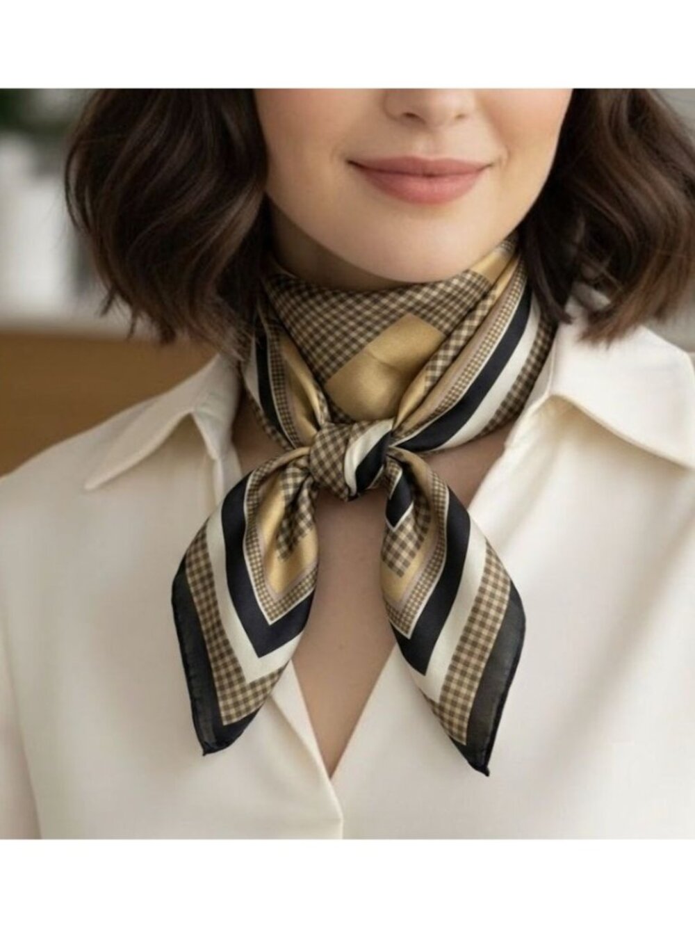 ❤️New Elegant Bandana Geometric Scarf Silky Satin Black and Brown Wrap Stylish❤️